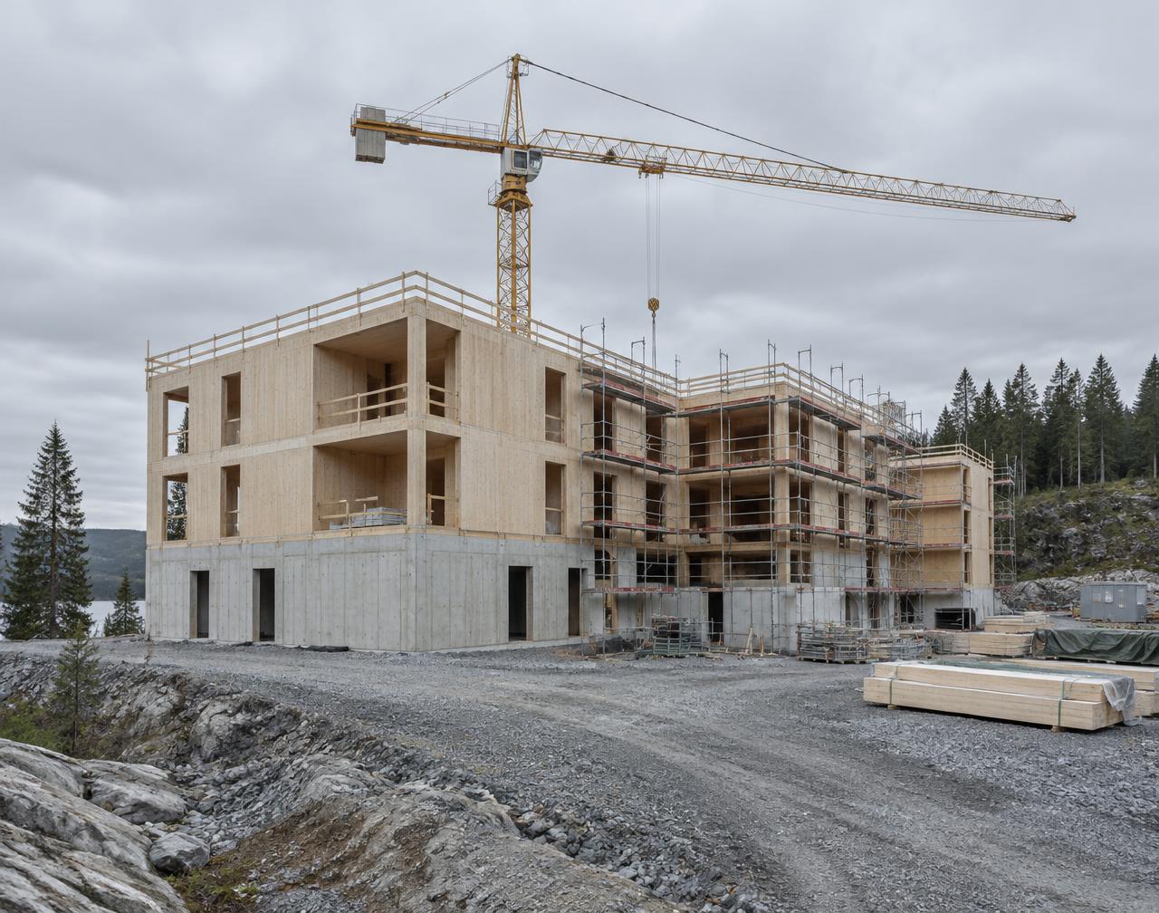 Moderne trebygning under oppføring med kran mot en nordisk himmel